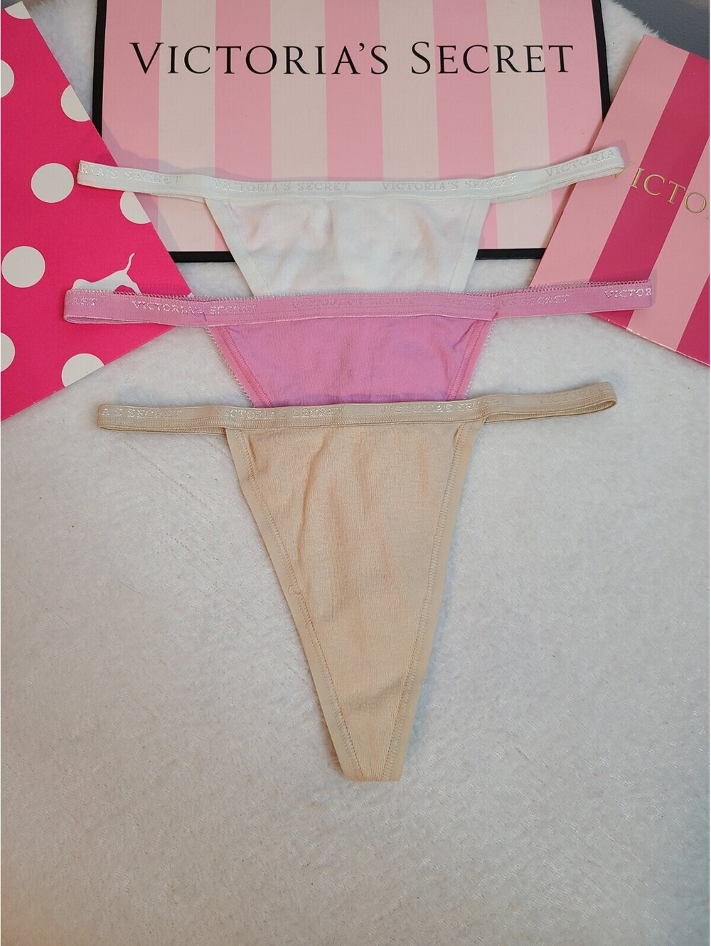 Vintage Y2K Victoria's Secret 3pk Signature Cotton V-string Thong Panties Sz Sm